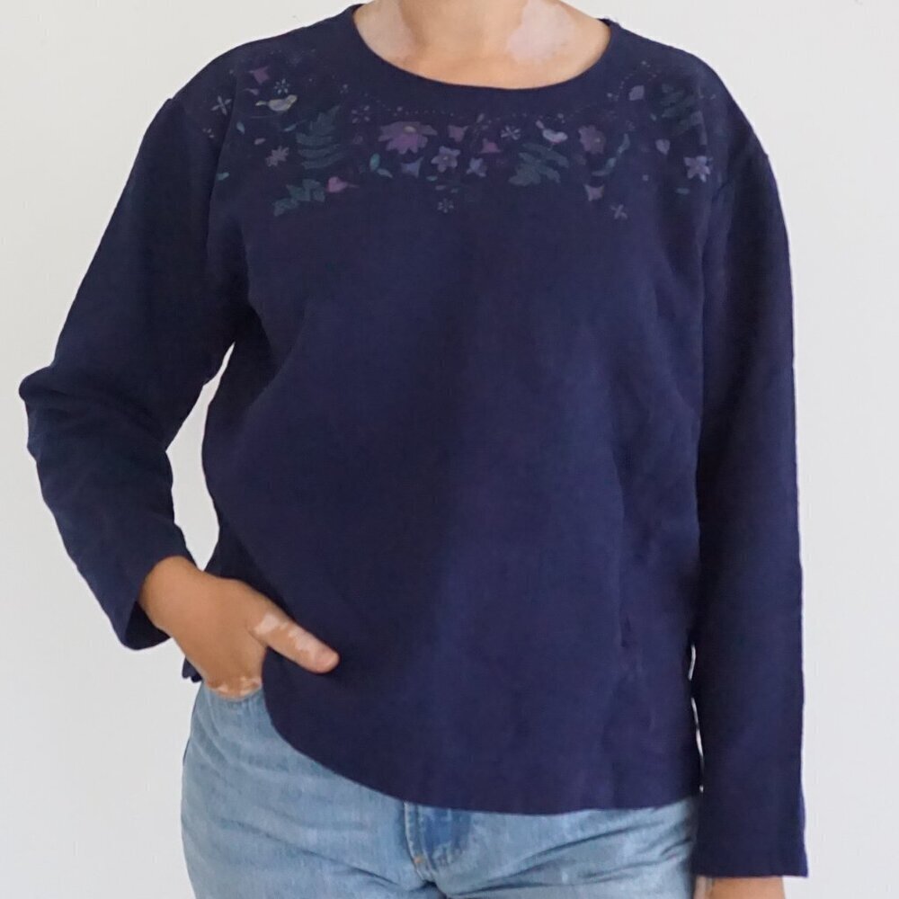 Vintage Northern Reflections Navy Floral Birds Botanical Print Sweatshirt M